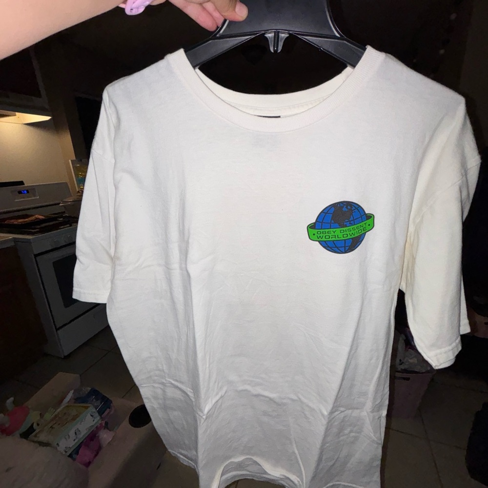 Obey White Tee with Green and Blue Earth Graphic